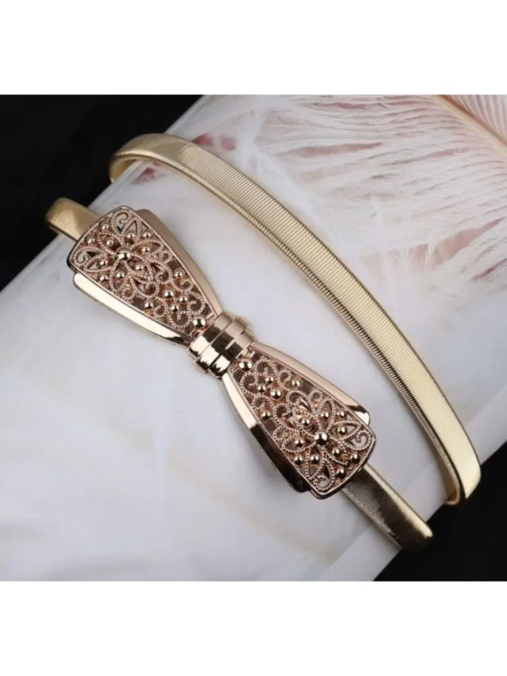 Gold Metal Bow Belt With Skinny Stretchy Waistband
